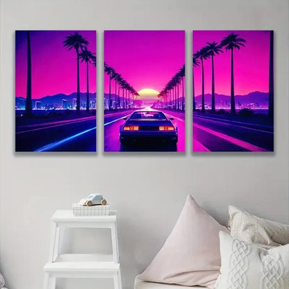 3pcs Retro Neon Sunset Drive Car Wall Art Set Canvas Framed 60x90cm - High Quality Print 100% Australian Made Wall Canvas Ready to Hang