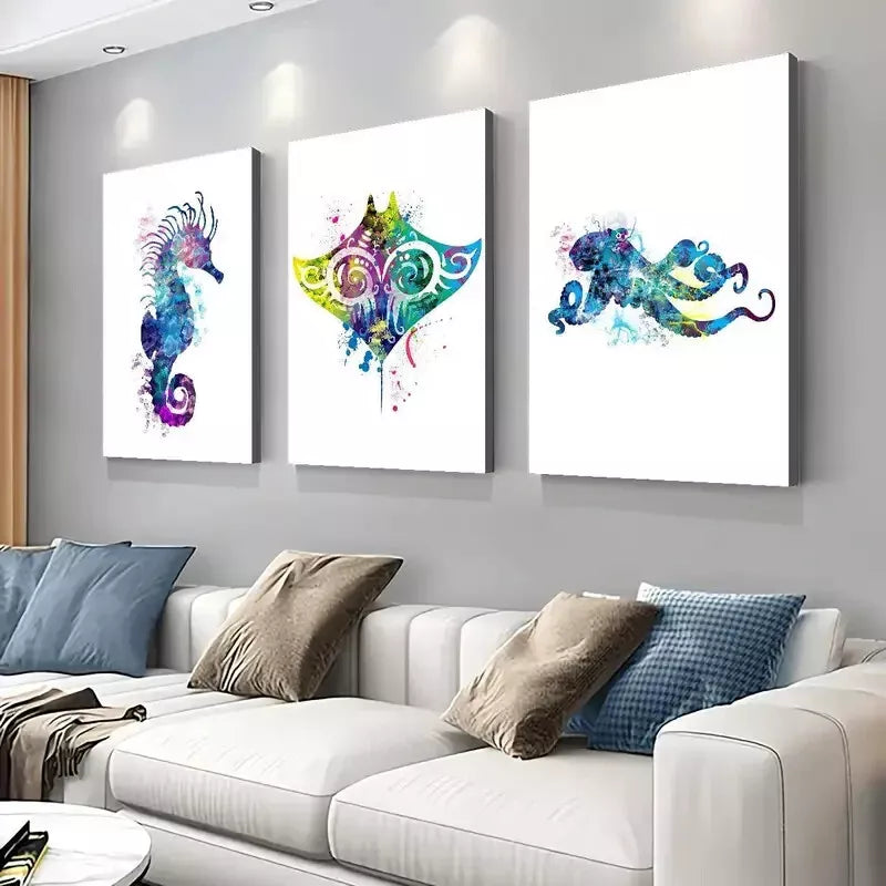 3pcs Whale Sea Horse Octopus Fish Watercolor Wall Art Set Canvas Framed 50x70cm - High Quality Print 100% Australian Made Wall Canvas Ready to Hang - Bella Home Decor