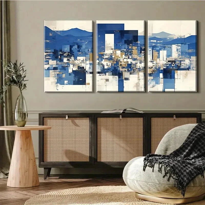 3pcs Blue & Golden Geometric Shapes Perfect Wall Art Set Canvas Framed 40x60cm - High Quality Print 100% Australian Made Wall Canvas Ready to Hang