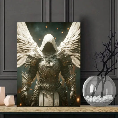 Cinematic Shot Of A White-Hooded Angel Warrior Wearing 40x60cm Metal Print Ready to Hang