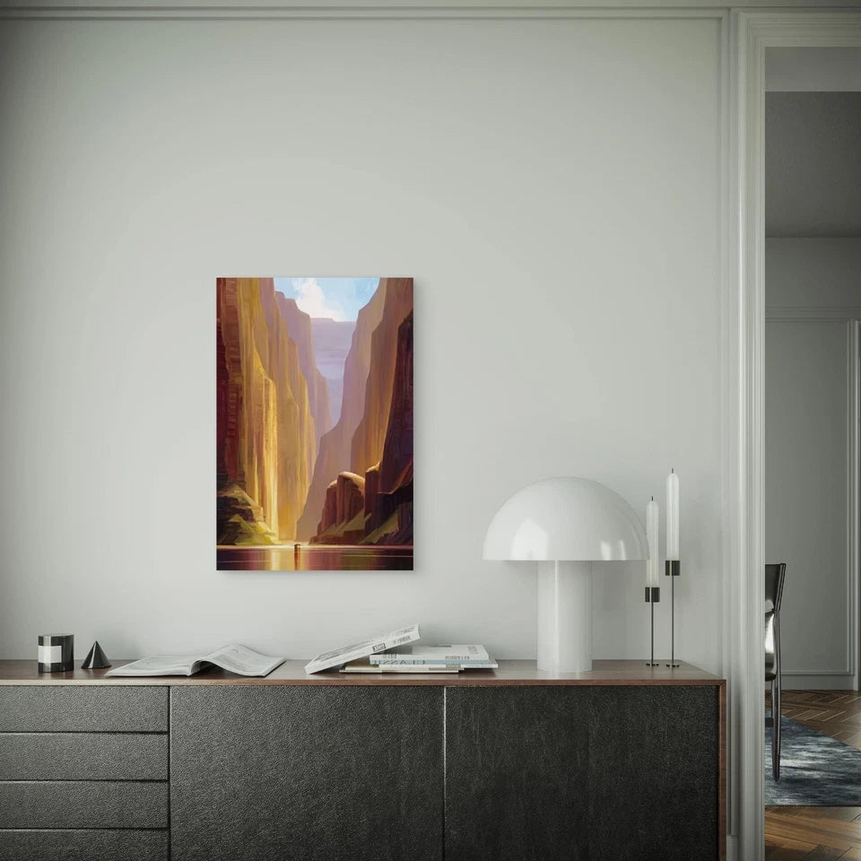 Sunlit Canyon & River Scene Metal Print Ready to Hang
