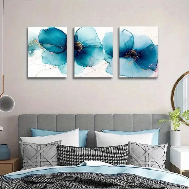 3pcs Abstract Blue Floral Watercolor Flower Wall Art Set Canvas Framed 50x70cm - High Quality Print 100% Australian Made Wall Canvas Ready to Hang