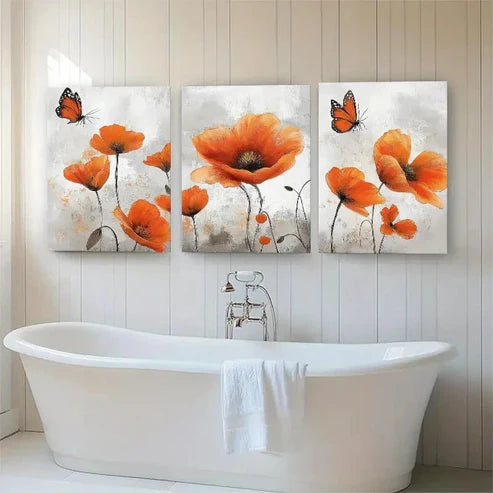 3pcs Vibrant Orange Poppy and Butterfly Perfect Wall Art Canvas Unframed - High Quality Print 100% Australian Made Wall Canvas