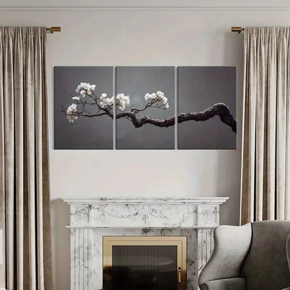 3pcs Elegant White Flowers Twisted Wood Texture Metal Print Ready to Hang Art