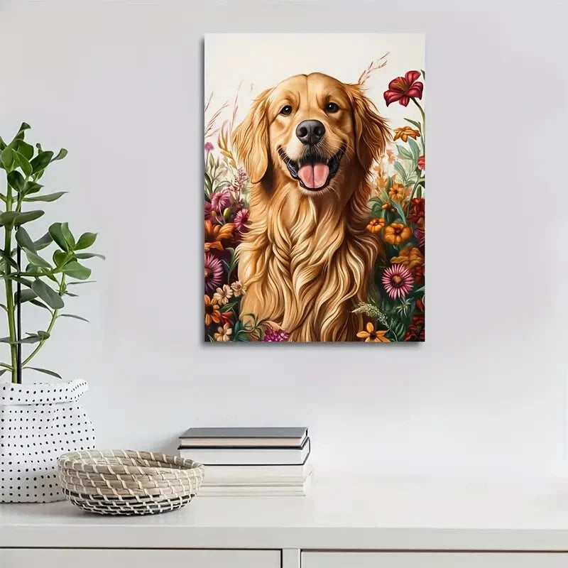 Golden Retriever Floral Vibrant Flowers Painting 40x60cm Metal Print Ready to Hang