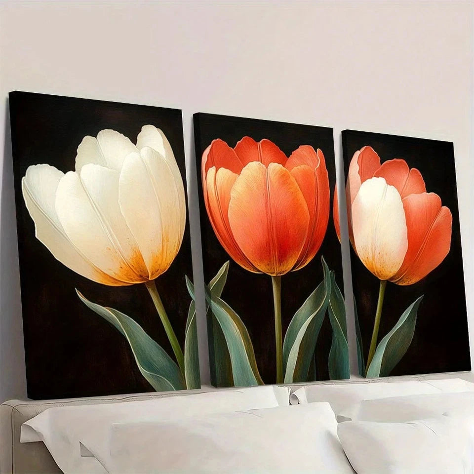 Three tulip paintings on a wall with a white background