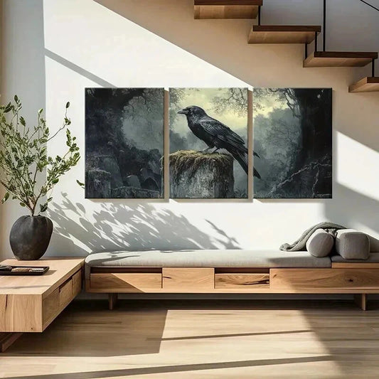 3pcs Mysterious Crow Gothic Raven Forest Wall Art Set Canvas Framed 40x60cm - High Quality Print 100% Australian Made Wall Canvas Ready to Hang