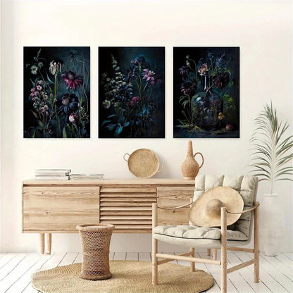 3pcs Moody Botanical Floral Black Metal Print Ready to Hang Art