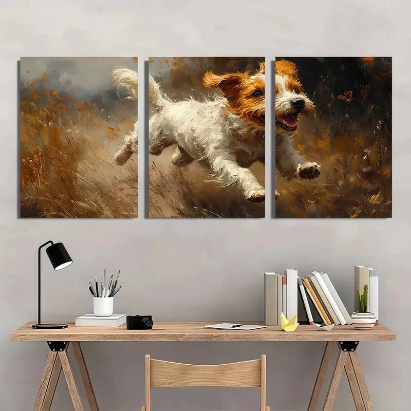 3pcs Playful Dog Grass Vibrant Nature Scene Metal Print Ready to Hang Art