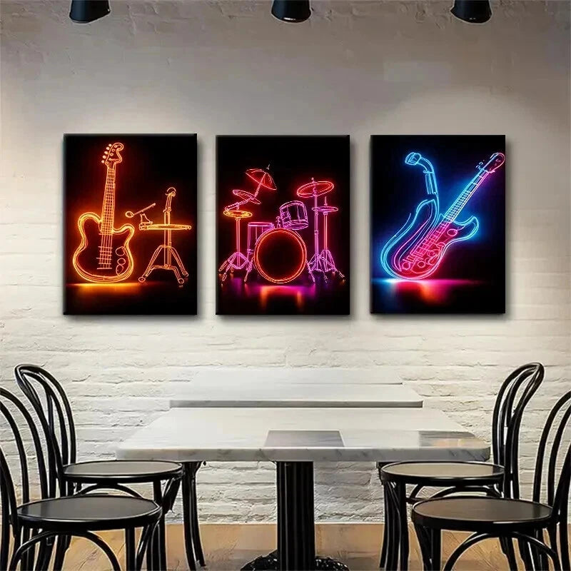 3pcs Neon Music Vibrant Musical Décor Perfect Wall Art Set Canvas Framed 50x70cm - High Quality Print 100% Australian Made Wall Canvas Ready to Hang