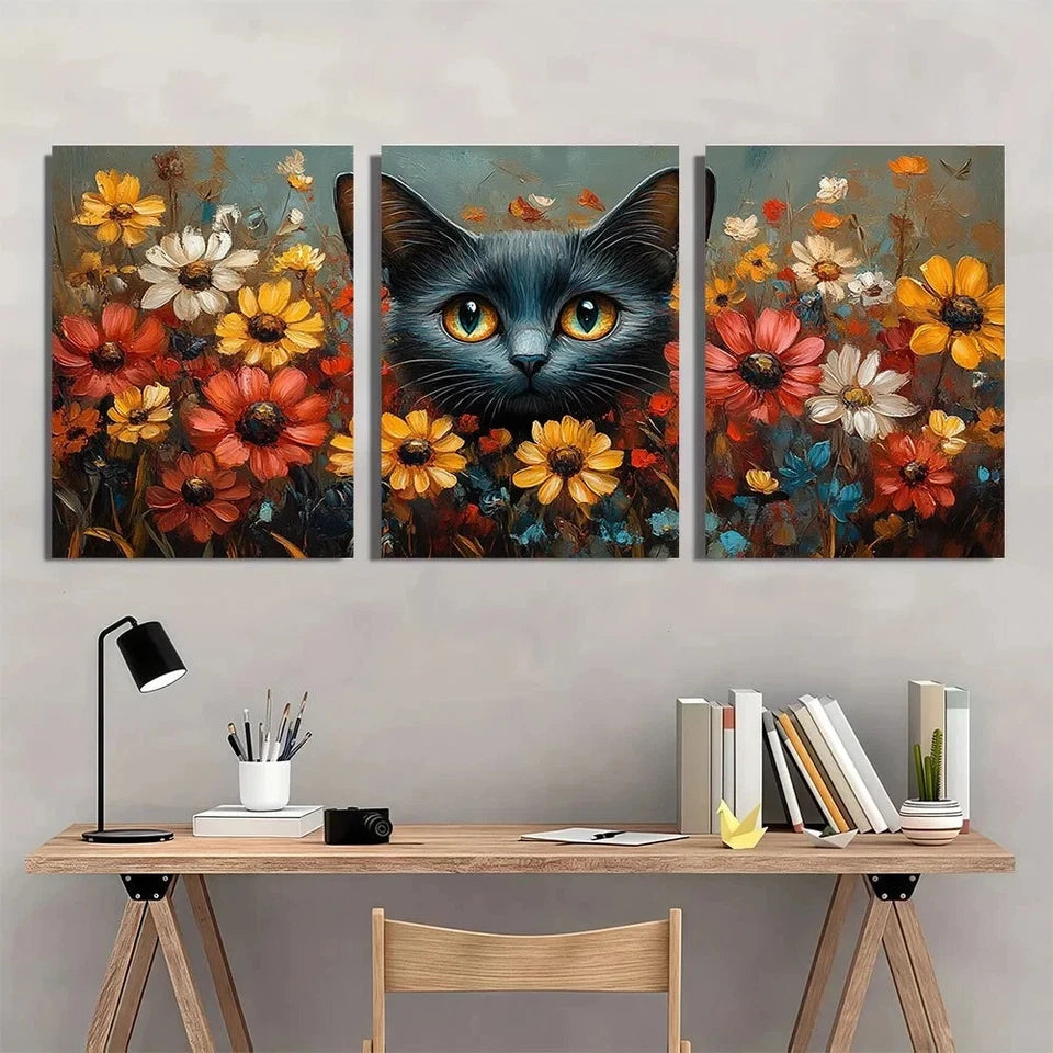 3pcs Vibrant Cat & Floral Colorful Abstract Metal Print Ready to Hang Art