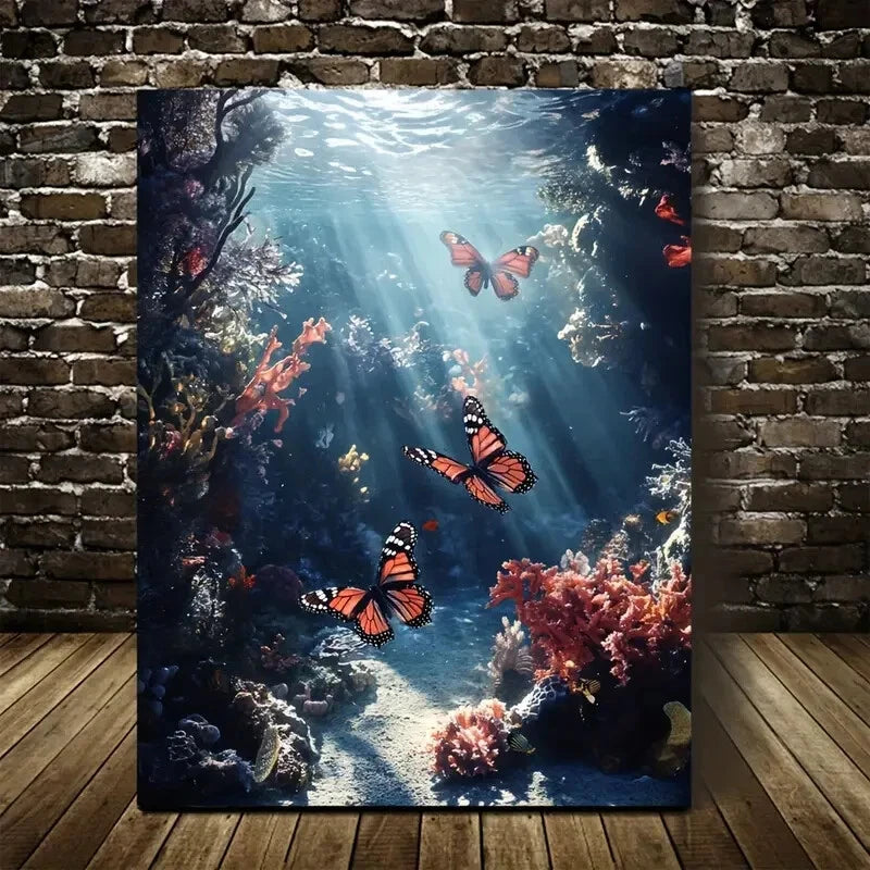 Surreal Underwater Coral Reef with Playful Butterflies 40x60cm Metal Print Ready to Hang