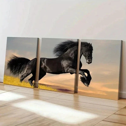 3pcs Black Horse Galloping Across a Grassy Field Wall Art Set Canvas Framed 40x60cm - High Quality Print 100% Australian Made Wall Canvas Ready to Hang