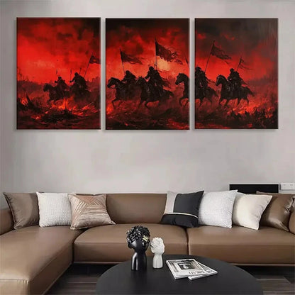 3pcs Red Warrior Cavalry Horsemen Flags Perfect Wall Art Set Canvas Framed 40x60cm - High Quality Print 100% Australian Made Wall Canvas Ready to Hang