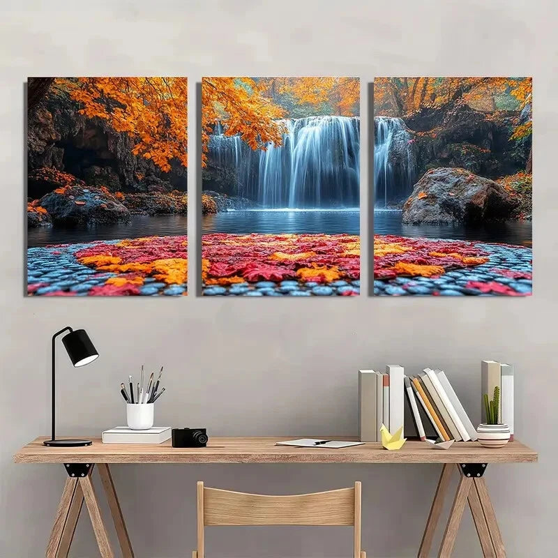3pcs Floral Scenery Nature Inspired Waterfall Metal Print Ready to Hang Art