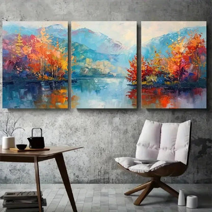 3pcs Vibrant Fall Foliage & Reflective Water Metal Print Ready to Hang Art