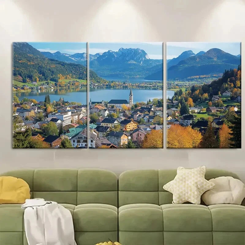 3pcs Scenic Austrian Lake & Mountain Metal Print Ready to Hang Art
