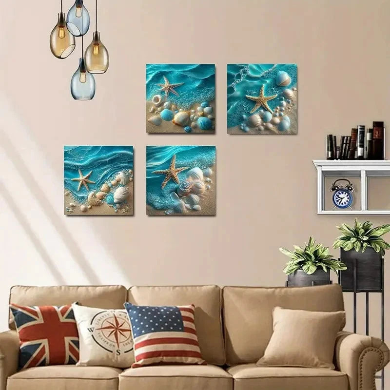 4pcsStarfish & Seashell Beach SceneWall Art Canvas Framed