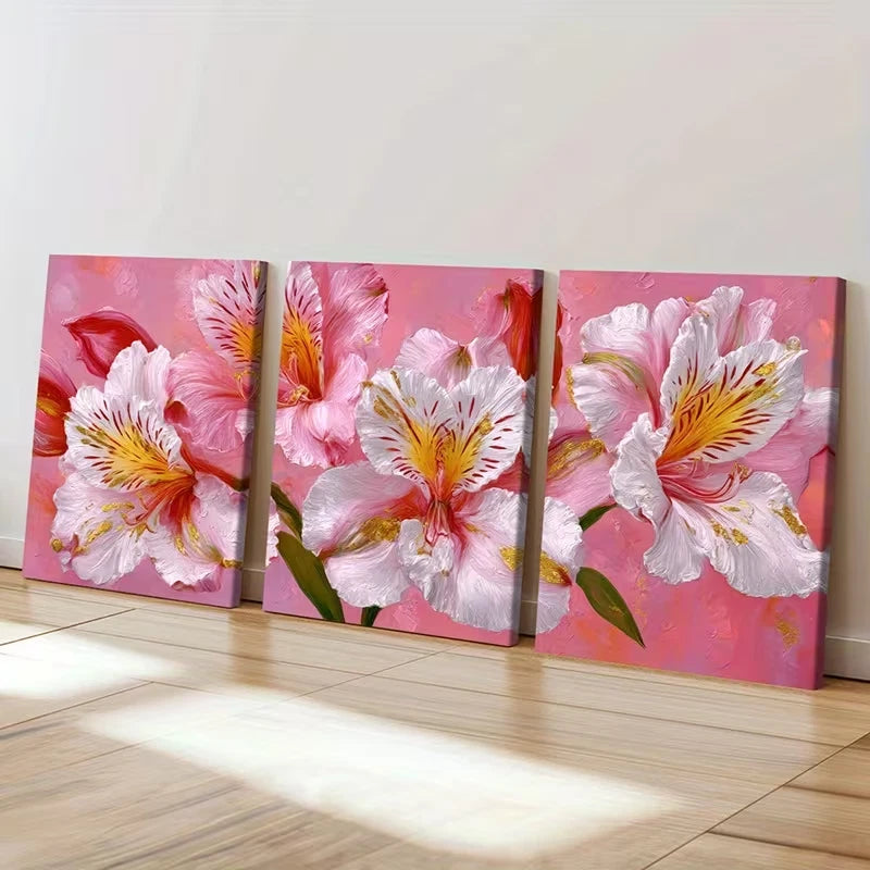 3pcs Lily of the Incas Pink White Flower Wall Art Set Canvas Framed 60x90cm - High Quality Print 100% Australian Made Wall Canvas Ready to Hang