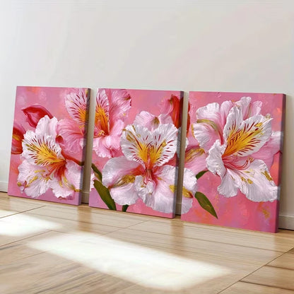 3pcs Lily of the Incas Pink White Flower Wall Art Set Canvas Framed 60x90cm - High Quality Print 100% Australian Made Wall Canvas Ready to Hang