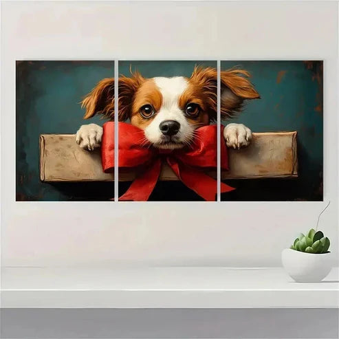 3pcs The Big Red Bow Fine Art Print Dog QR Wall Art Canvas Unframed - High Quality Print 100% Australian Made Wall Canvas
