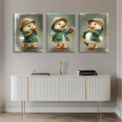 3pcs Playful Cartoon Duck with Raincoat Metal Print Ready to Hang Art