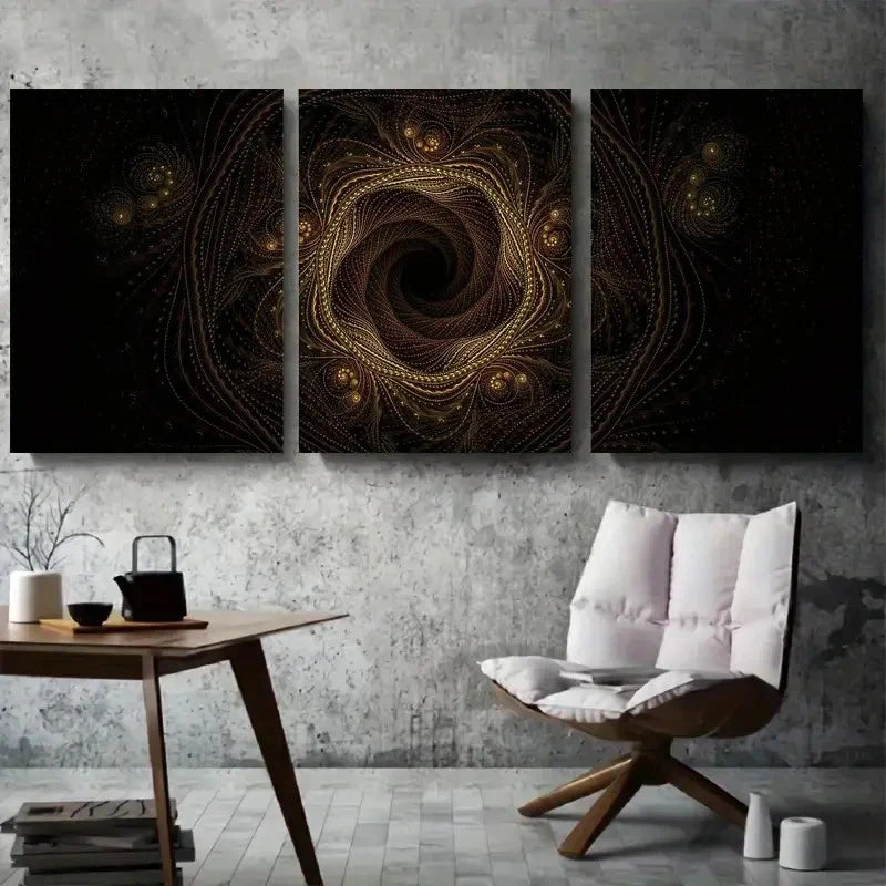 3pcs Abstract Golden & Black Swirl Metal Print Ready to Hang Art