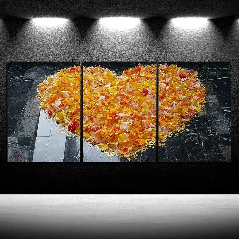 3pcs Set Love Made of Leaves Golden Themed Metal Print Ready to Hang Art