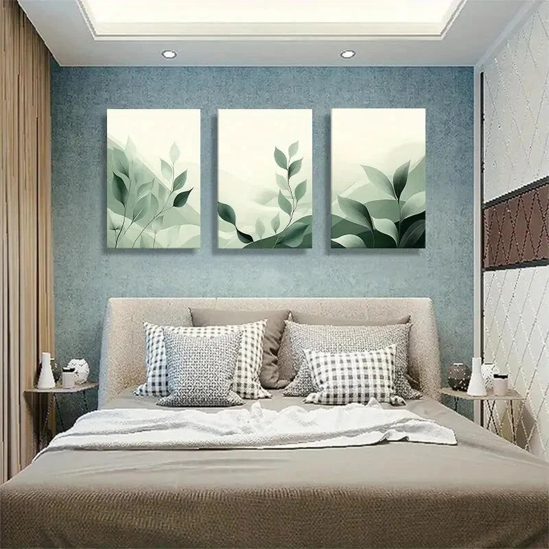 3pcs Modern Abstract Green Leaves Foliage Metal Print Ready to Hang Art