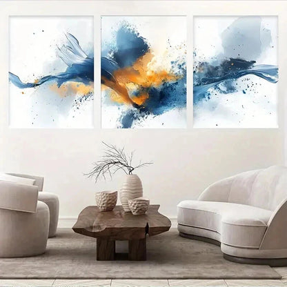 3pcs Blue & Orange Abstract Watercolor Splash Wall Art Set Canvas Framed 40x60cm - High Quality Print 100% Australian Made Wall Canvas Ready to Hang