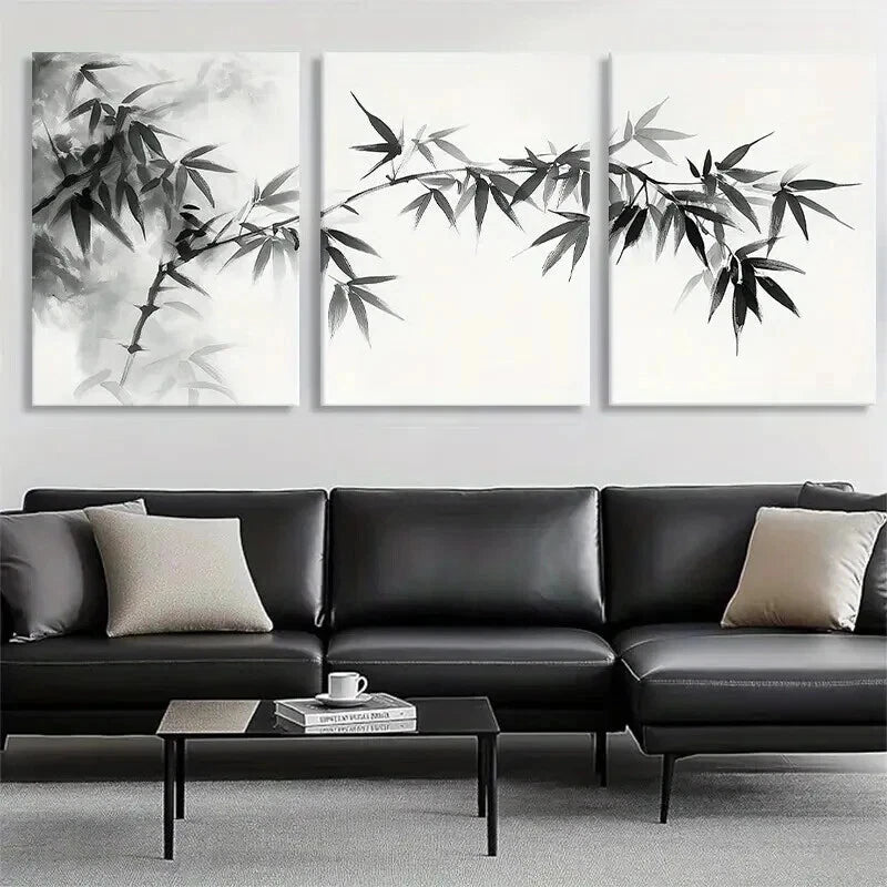 3pcs Bamboo Branch Black and White Perfect Wall Art Set Canvas Framed 40x60cm - High Quality Print 100% Australian Made Wall Canvas Ready to Hang