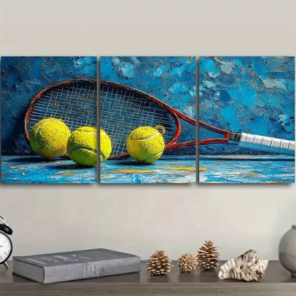 3pcs Tennis Balls and Racket Set Metal Print Ready to Hang Art