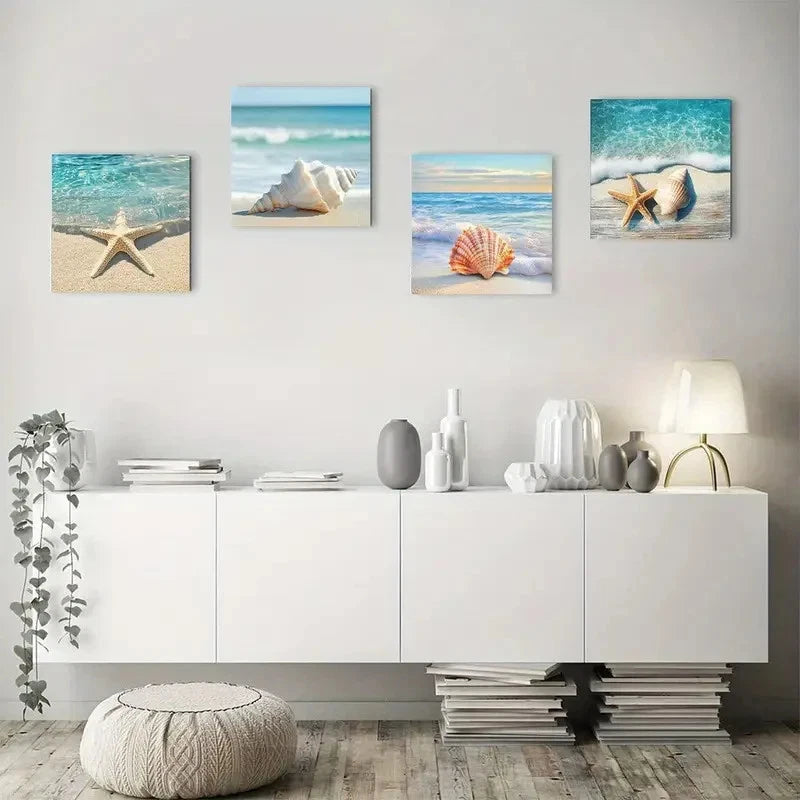 4pcs Seashells, Starfish & Ocean Waves Wall Art Canvas Framed