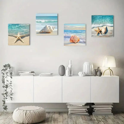 4pcs Seashells, Starfish & Ocean Waves Wall Art Canvas Framed