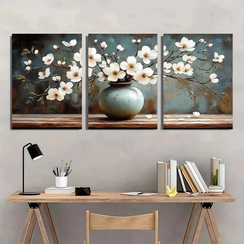 3pcs Elegance Farmhouse Flowers Beige & Gray Vase Metal Print Ready to Hang Art
