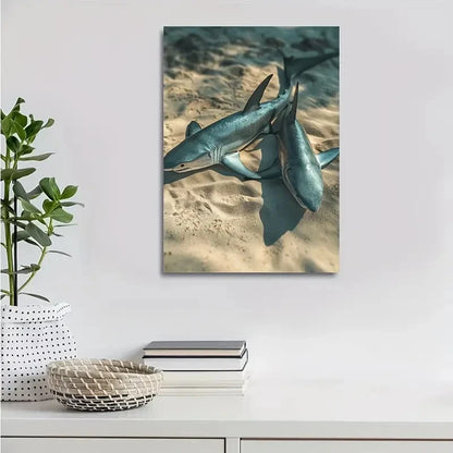 Realistic Shark Scene on Sandy Beach Painting 40x60cm Metal Print Ready to Hang