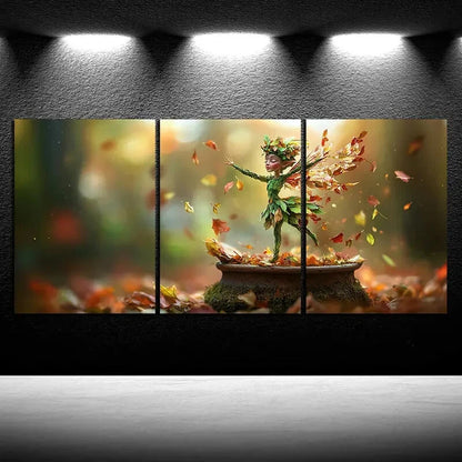 3pcs The Leaf Girl Dancing In The Forest Modern Metal Print Ready to Hang Art