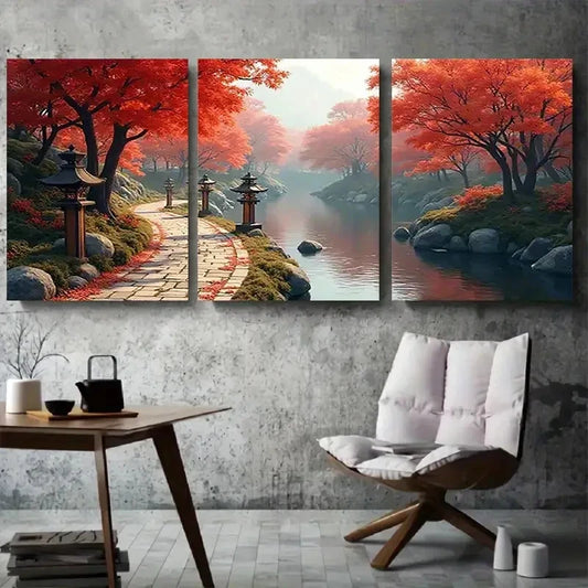 3pcs Vibrant Foliage & Calming River Scene Wall Art Set Canvas Framed 60x90cm - High Quality Print 100% Australian Made Wall Canvas Ready to Hang