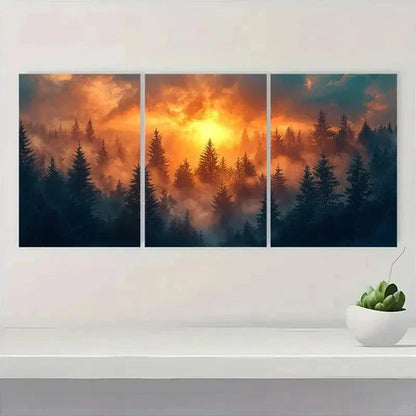 3pcs Sunrise Forest Misty Landscape D Wall Art Set Canvas Unframed - High Quality Print 100% Australian Made Wall Canvas - Bella Home Decor