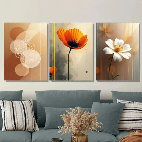 3pcs Abstract Floral Vertical Orange & White Wall Art Set Canvas Unframed - High Quality Print 100% Australian Made Wall Canvas