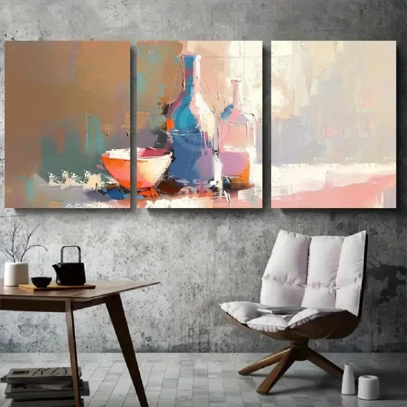 3pcs Abstract Bottles and Bowl Textured Painting Metal Print Ready to Hang Art