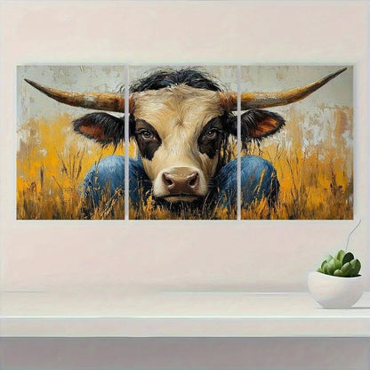 3pcs Rustic Cow Fur & Horns Warm Earthy Tones Metal Print Ready to Hang Art