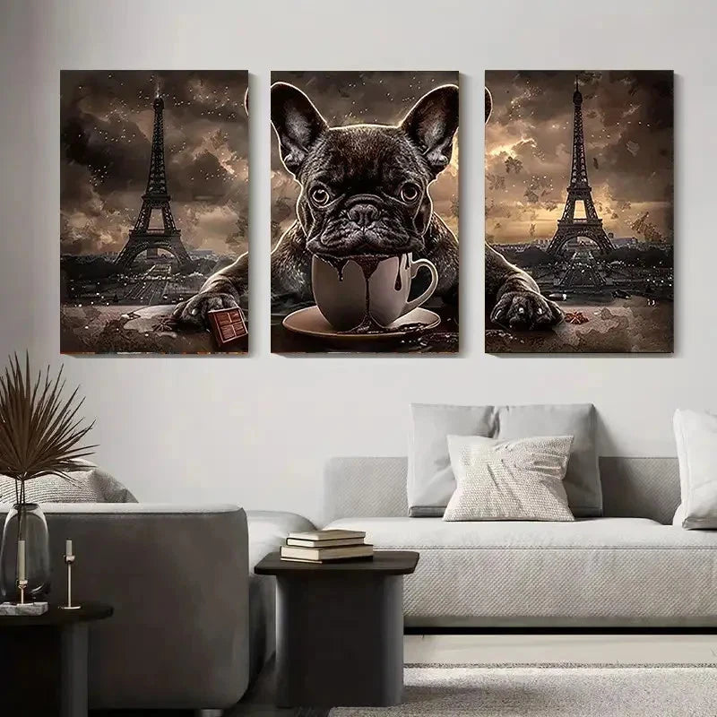 3pcs French Bulldog & Eiffel Tower Metal Print Ready to Hang Art