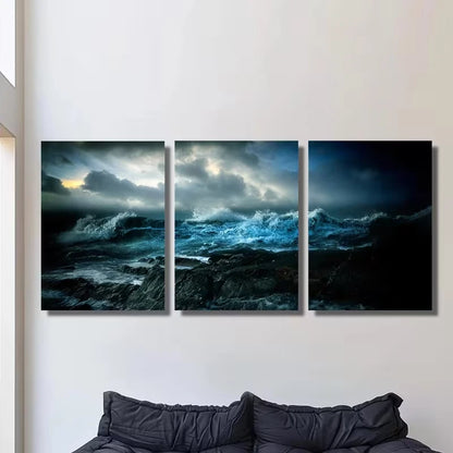 3pcs Dark Blue & Black Night Ocean Waves  Wall Art Set Canvas Framed 60x90cm - High Quality Print 100% Australian Made Wall Canvas Ready to Hang