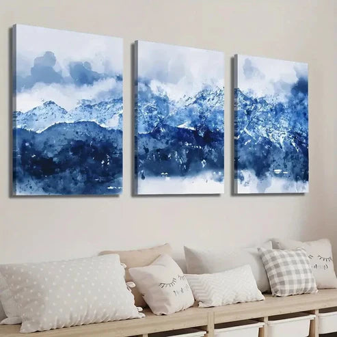 3pcs Abstract Blue White Navy Blue Mountains Wall Art Set Canvas Unframed - High Quality Print 100% Australian Made Wall Canvas