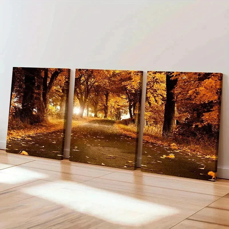 3pcs Path Strewn with Fallen Leaves Wall Art Set Canvas Framed 40x60cm - High Quality Print 100% Australian Made Wall Canvas Ready to Hang