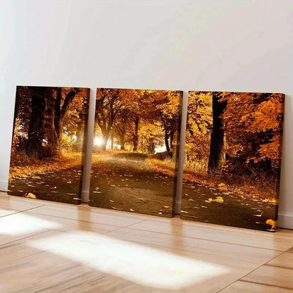 3pcs Path Strewn with Fallen Leaves Wall Art Set Canvas Framed 40x60cm - High Quality Print 100% Australian Made Wall Canvas Ready to Hang