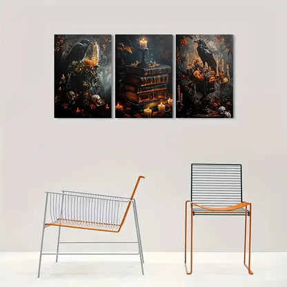 3pcs Dark Fantasy Raven, Candles Painting Metal Print Ready to Hang Art