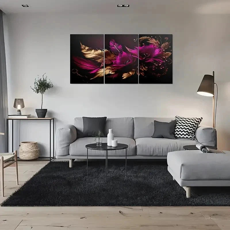 3pcs Purple Floral Feather Painting Metal Print Ready to Hang Art