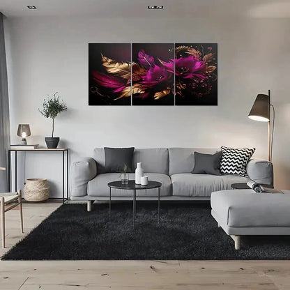 3pcs Purple Floral Feather Painting Metal Print Ready to Hang Art